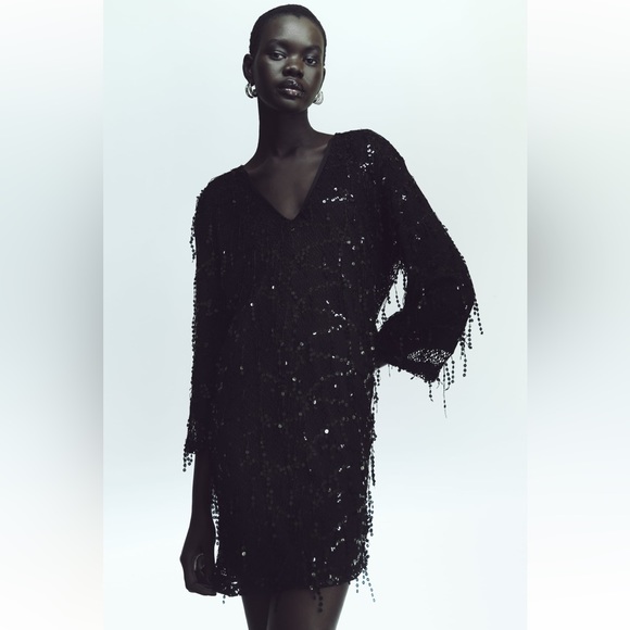 NWT Zara Black FRINGED SEQUIN MINI DRESS Size Small S - Picture 12 of 15